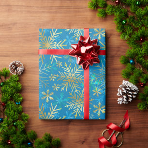 Papel De Regalo Navidad Copos de Nieve Invierno Azul Oro Plateado