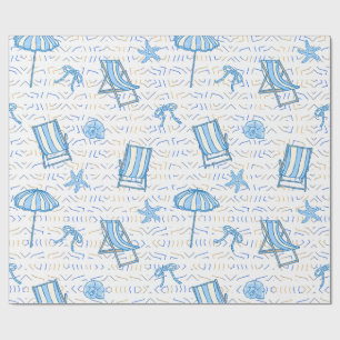 Papel De Regalo Navidad Costera Agua Azul Acuarela Conchas