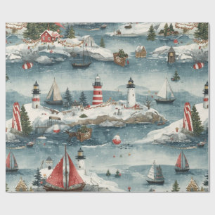 Papel De Regalo Navidad Costera Azul Acuarela Náutica 
