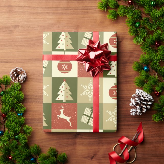 Papel De Regalo Navidad Cuadrada Retro Rojo y Verde  (Regalo de vacaciones)