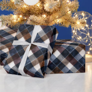 Papel De Regalo Navidad Cuadrados Azules Marrones Blancos Grises