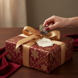 Papel De Regalo Navidad Damasco Real Dorado y Rojo Copo de Nieve