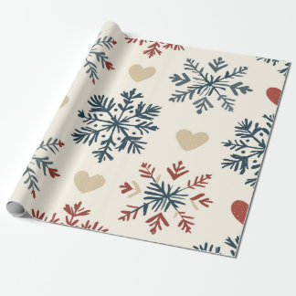 Papel De Regalo Navidad de copos de nieve y corazones folclóricos