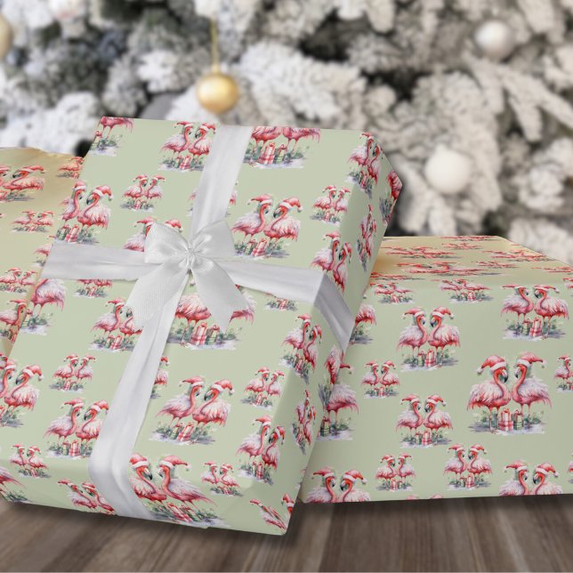 Papel De Regalo Navidad de Flamenco (Flamingo Beach Pink Green Christmas Wrapping Paper)