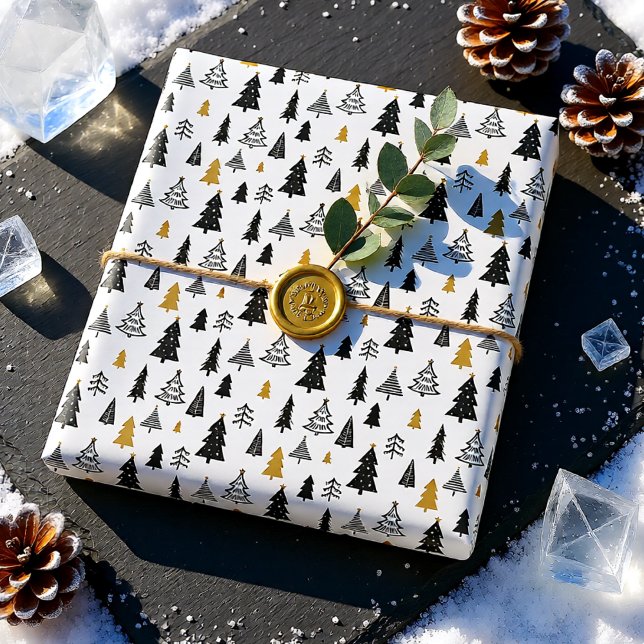 Papel De Regalo Navidad de Invierno Mágico (Modern Scandinavian Black Gold Christmas Tree Wrapping Paper)
