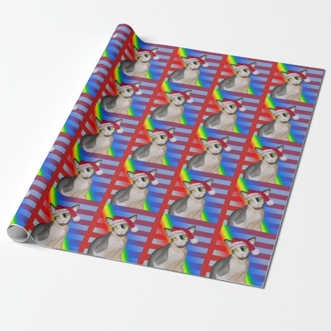Papel De Regalo Navidad de la raya del arco iris de Santa del gato (Desenrollado)