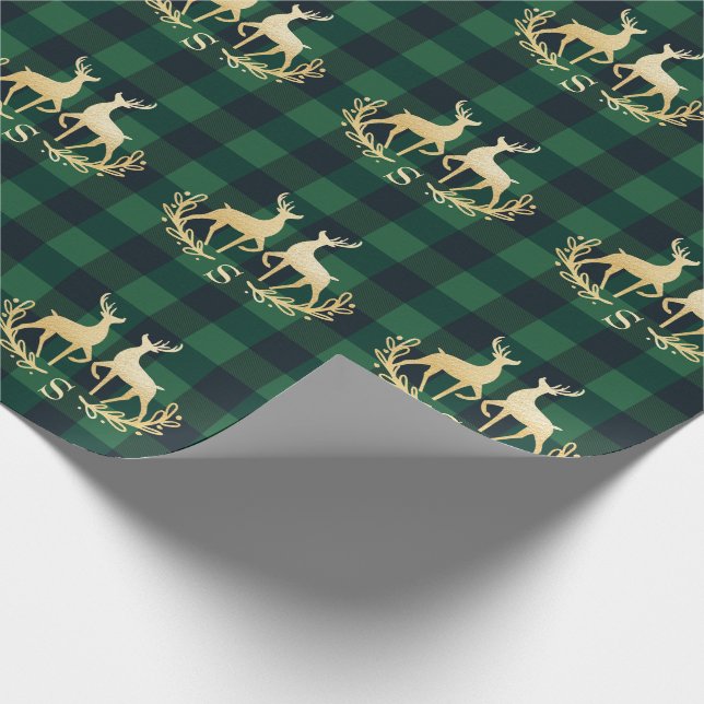 Papel De Regalo Navidad de la tela escocesa del búfalo del verde (Esquina)