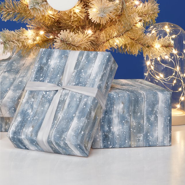 Papel De Regalo Navidad de Madera Falsa Azul Nieve (Vacaciones)