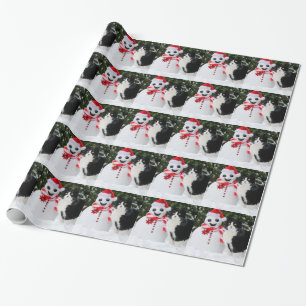 Papel De Regalo Navidad del gato y del muñeco de nieve de Santa