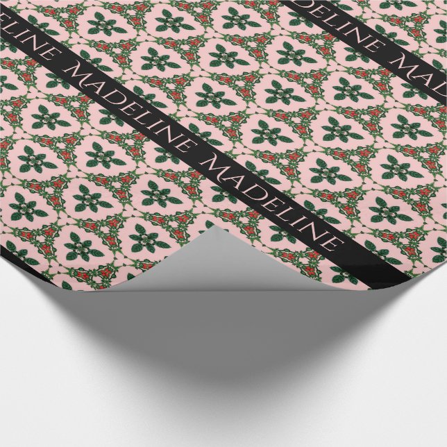 Papel De Regalo Navidad del Victorian bonito en monograma rosado (Esquina)