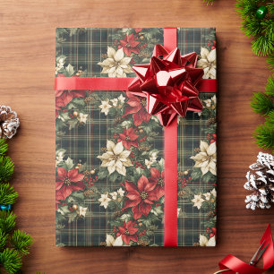 Papel De Regalo Navidad Elegante de Cuadro Verde con Poinsettias R
