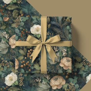 Papel De Regalo Navidad elegante floral verde y crema de invierno