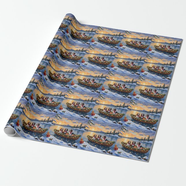 Papel De Regalo Navidad en Barco con Brittany Spaniel (Desenrollado)