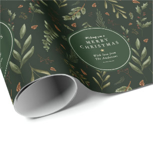 Papel De Regalo Navidad Feliz Botánica Verde Oscuro Personalizada