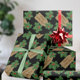 Papel De Regalo Navidad Festiva Custom Holly Berry Negro