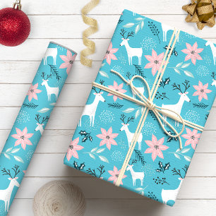 Papel De Regalo Navidad Floral Caprichosa de Reno y Flor de Pascua