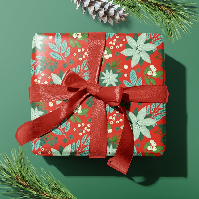 Papel De Regalo Navidad Floral Roja de Fiesta (Modern Bold Red Floral Merry Christmas Wrapping Paper)