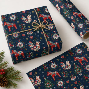 Papel De Regalo Navidad Folk Escandinava Caballos Dala Pájaros