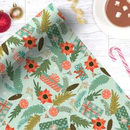Papel De Regalo Navidad Follaje Poinsettia Menta Botánico