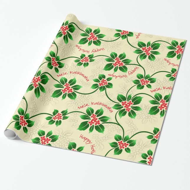 Papel De Regalo Navidad hawaiano de Mele Kalikimaka del acebo rojo (Desenrollado)