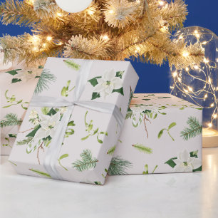 Papel De Regalo Navidad Ilustrada Floral Verde Blanco