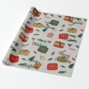 Papel De Regalo Navidad Ilustrada Gris Rojo y Dorado Llena de Cute