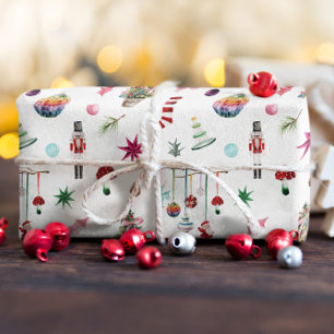 Papel De Regalo Navidad Kitsch   Adornos Retro y Patrón de Árbol