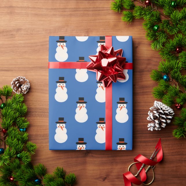 Papel De Regalo Navidad Mínima Cute Snowman Retro Azul (Regalo de vacaciones)