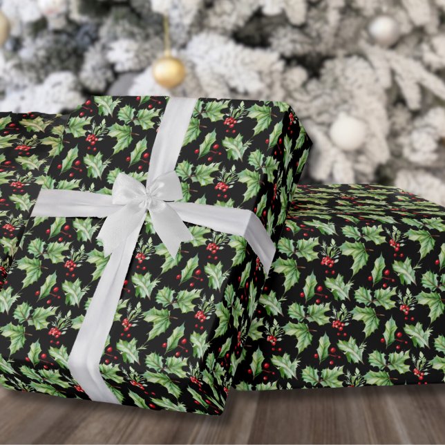 Papel De Regalo Navidad Moderna Holly Berry (Festive Black Holly Berries Christmas Wrapping Paper)
