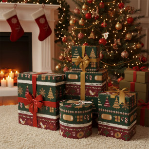 Papel De Regalo Navidad moderna  rojo verde blanco único