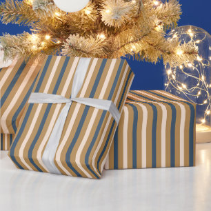 Papel De Regalo Navidad Moderno Azul Dorado Blanco a Rayas