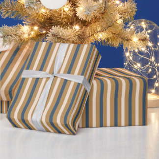 Papel De Regalo Navidad Moderno Azul Dorado Blanco a Rayas