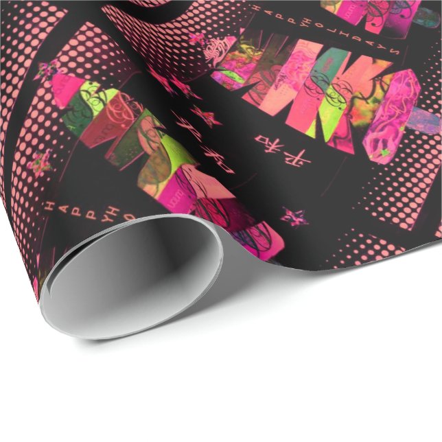Papel De Regalo Navidad negro rosado del collage del árbol (Esquina del rollo)