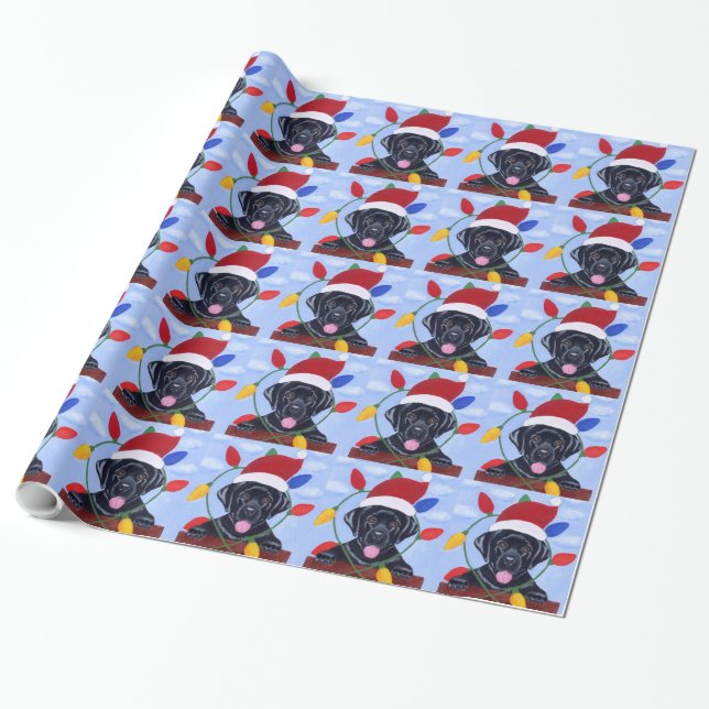 Papel De Regalo Navidad negro Santa del perrito de Labrador (Desenrollado)