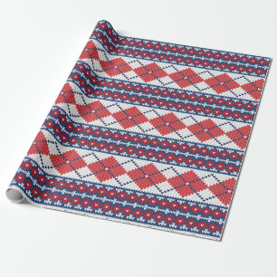 Papel De Regalo Navidad nórdico azul y rojo de Argyle del modelo