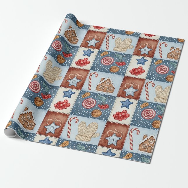 Papel De Regalo Navidad Patchwork Invernal Acogedora (Desenrollado)
