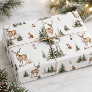 Papel De Regalo Navidad Pino Ciervo Bosque Acuarela Neutra