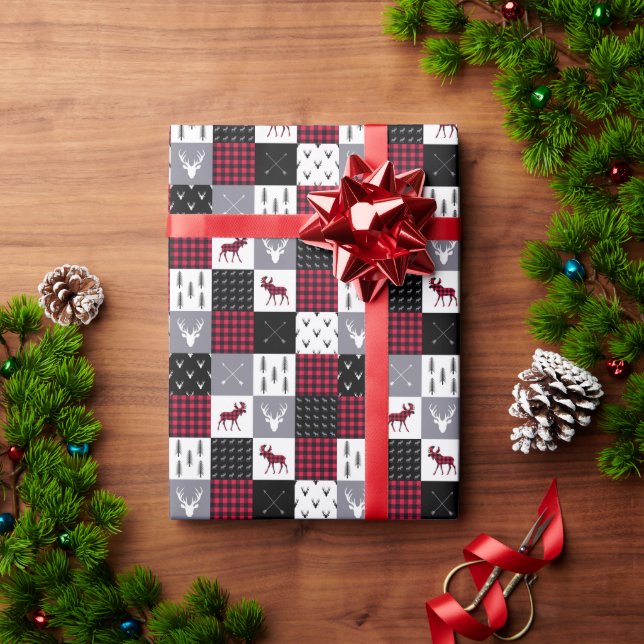 Papel De Regalo Navidad Plaid Búfalo Rústico Parche Rojo Blanco (Regalo de vacaciones)