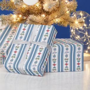 Papel De Regalo Navidad Rayas Folclóricas Nórdicas Azul Rojo