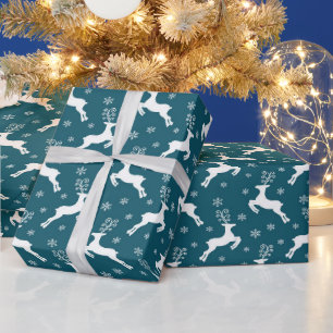 Papel De Regalo Navidad Reno Ciervo y Copos de Nieve Blanco Verde