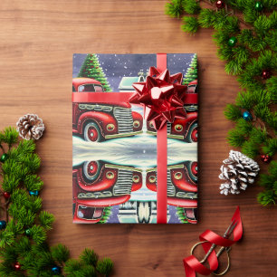 Papel De Regalo Navidad Retro Blanca Camión Rojo Antiguo y Árboles
