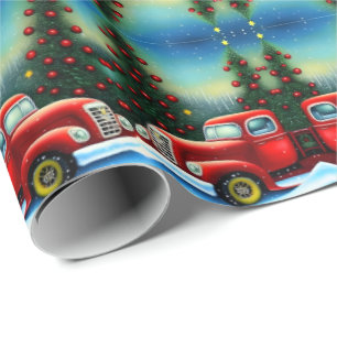 Papel De Regalo Navidad Retro Blanca Camión Rojo Antiguo y Árboles