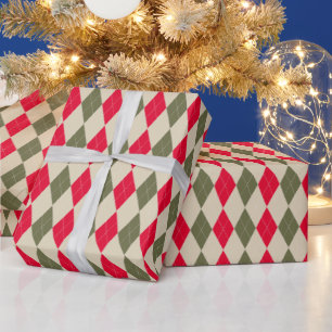 Papel De Regalo Navidad retro rojo salvia verde elegante de argyle