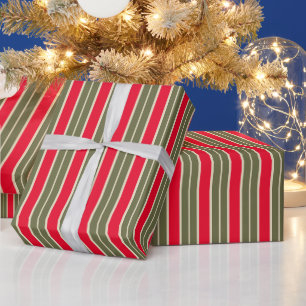 Papel De Regalo Navidad retro rojo verde salvia rayas elegante