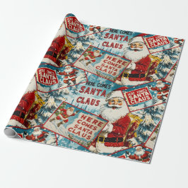 Papel De Regalo Navidad retro vintage: Aquí viene Santa Claus
