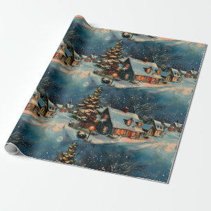 Papel De Regalo Navidad retro vintage: Snowy Village Scene 2