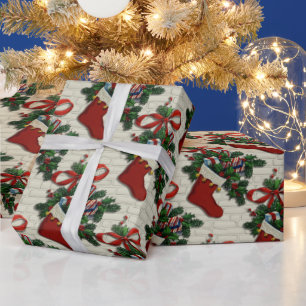 Papel De Regalo Navidad Retro Vintage: Valores Rojos En Ladrillo