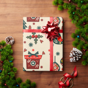 Papel De Regalo Navidad Roja y Crema Nórdica