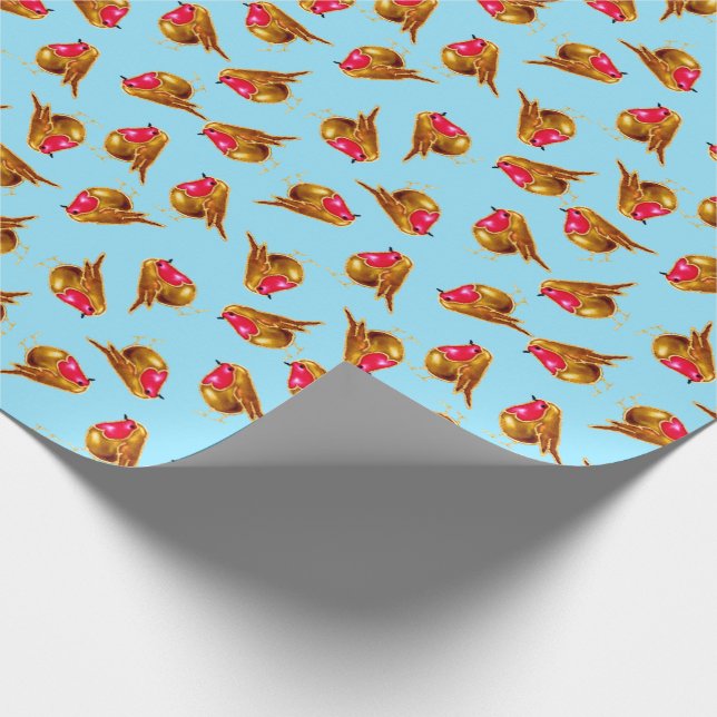 Papel De Regalo Navidad rojo de los petirrojos multi en azul (Esquina)