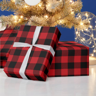 Papel De Regalo Navidad Rojo Oscuro y Cuadro de Búfalo Negro